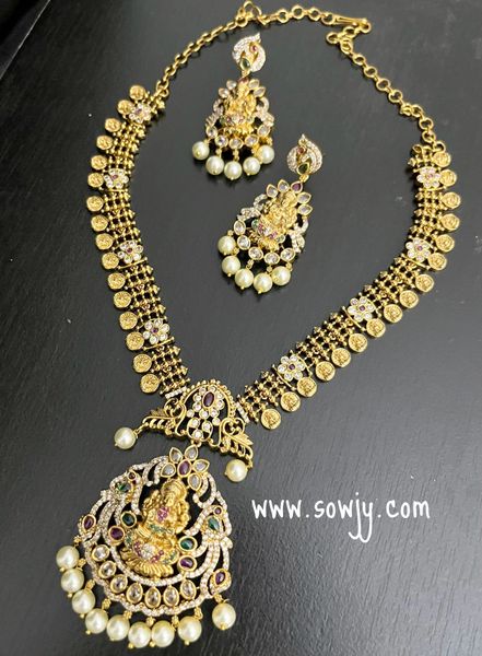 Lovely Lakshmi AD Stone Necklace Coin Designer Jali Pattern Necklace with Lakshmi Earrings!!