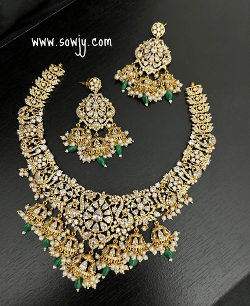 Very Grand Big Size Peacock AD Stone Jhumka Necklace with Big and Long Earrings- Green and Pearl Hangings!!