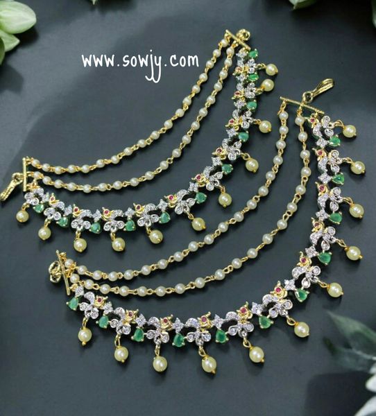 Beautiful Peacock Design Diamond Look Alike 3 Layer Ear Chain in Gold Finish-Emerald Stones!!!