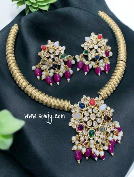 Lovely Star Floral Design Pendant Designer Kante Necklace with Earrings- Multi-Color/ Navarathna Stones with RED Hanging Beads!!!!!!