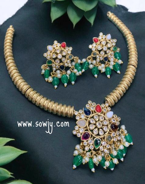 Lovely Star Floral Design Pendant Designer Kante Necklace with Earrings- Multi-Color/ Navarathna Stones with Green Hanging Beads!!!!!