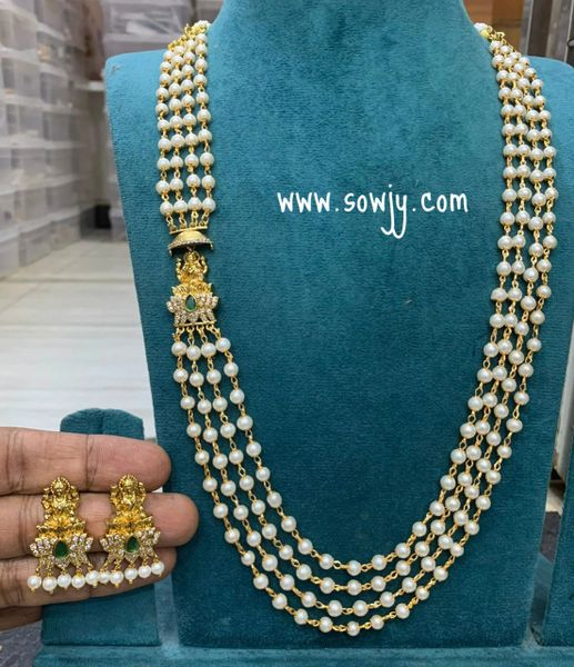 Lovely Lakshmi Side Mogappu Pendant in 4 Layer of Premium Quality Pearl Long Maala with Lakshmi Earrings- Green Stones!!!