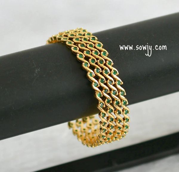 Lovely Emerald Stones Curvy Pattern Gold Look Alike Bangles-Set of 4-Size 2.8!!!!