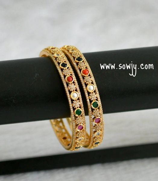 Lovely AD Multi Color Stones Gold Look Alike Premium Bangles -Set of Two-Size 2.6!!!