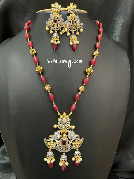 Two Tone Peacock AD Stone Pendant in Monalisa Beads Long Necklace with Earrings - RED!!!!