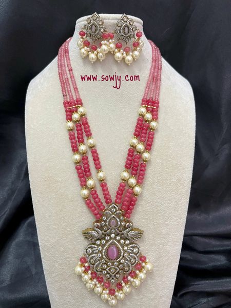 Moissanite Stones Victorian Finish Big and Long Peacock Pendant Three Layer Agate Semi-Precious Beads Long Necklace with Matching Earrings- Coral Pink !!!