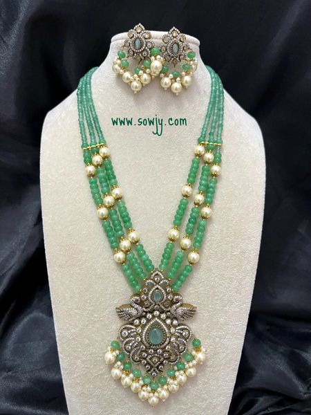 Moissanite Stones Victorian Finish Big and Long Peacock Pendant Three Layer Agate Semi-Precious Beads Long Necklace with Matching Earrings- Pastel Green !!!