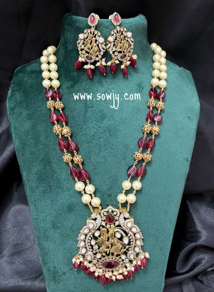 Very Grand Moissanite Stones Victorian Finish Big Radha Krishna Pendant in Two Layer Pearls, Moanlisa Beads and Gold Nakshi Beads Long Haaram with Matching Earrings- RED!!!