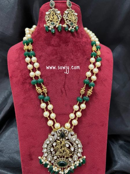 Very Grand Moissanite Stones Victorian Finish Big Radha Krishna Pendant in Two Layer Pearls, Moanlisa Beads and Gold Nakshi Beads Long Haaram with Matching Earrings- GREEN!!!