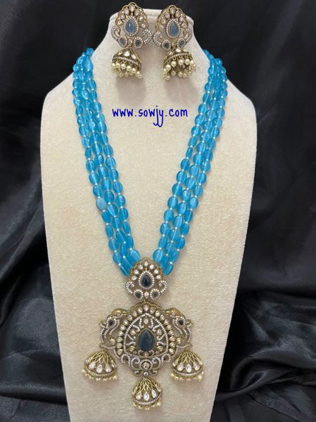 Very Grand and Big Peacock Three Jhumkas Moissanite Stones Victorian Finish pendant in Three Layer Of Premium Quality Russian Beads Long Haaram with Designer Big Jhumkas!!!