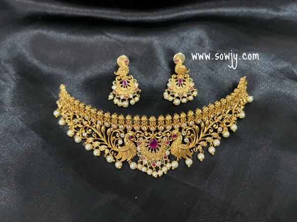 Lovely AD Stone Peacock Design Gold Finish Medium Size Choker Set with Earrings!!!!