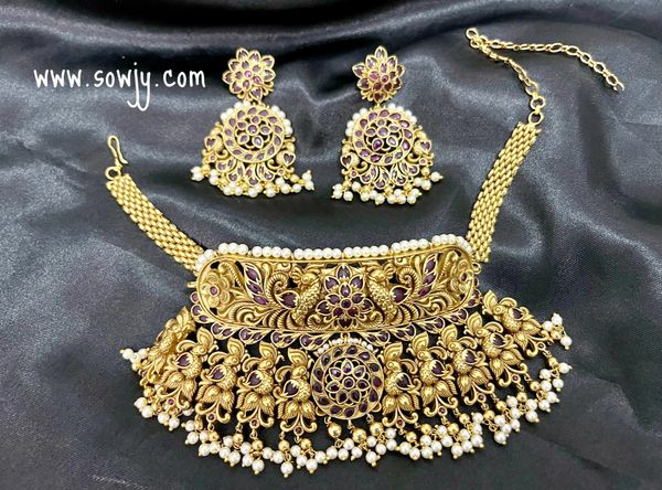 Very Grand Nakshi (Embossed Design) Very Big Size Real Kemp Stones Choker Set with Big Earrings-Red and Pearl Hangings!!!