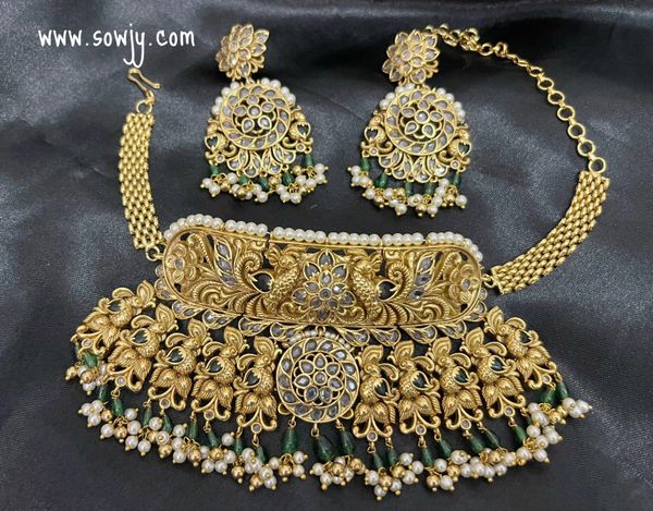 Very Grand Nakshi (Embossed Design) Very Big Size Real Kemp Stones Choker Set with Big Earrings-Green and White!!!