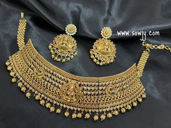 Lovely Gold Replica AD Stone Lakshmi Pendant Big Size Choker Set with Lakshmi Earrings!!!