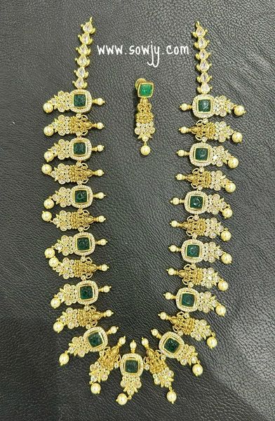 Very Grand and Big Size Lakshmi Designer Very Long Haaram and Matching Lakshmi Earrings- Emerald Green Carved Inlay Work Stones!!!