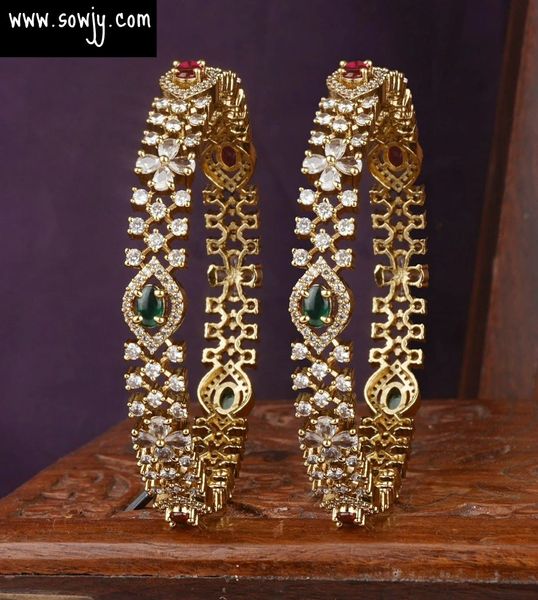 Full AD Stone Gold Look Alike Tear Drop Designer Bangles in Gold Finish -Set of 2-Size 2.8!!!