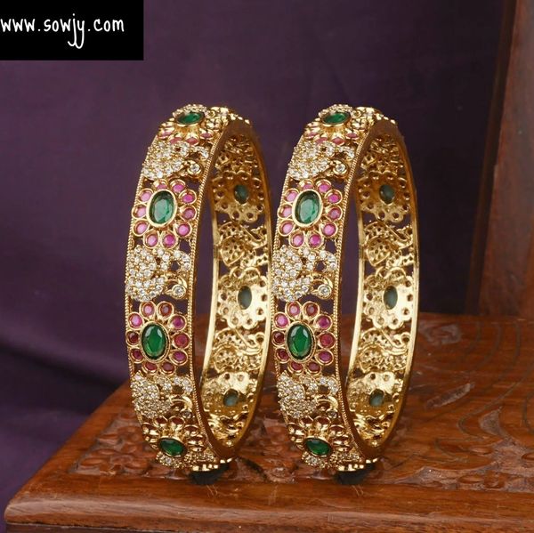 Very Grand and Broad Size Floral Peacock AD Stone Bangles-Set of 2-Size- 2.8!!!