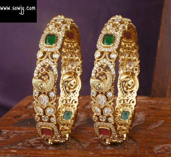 Very Grand Nakshi Peacock Kundan and AD Stone Peacock Design Bangles- Set of 2-Size 2.8!!!