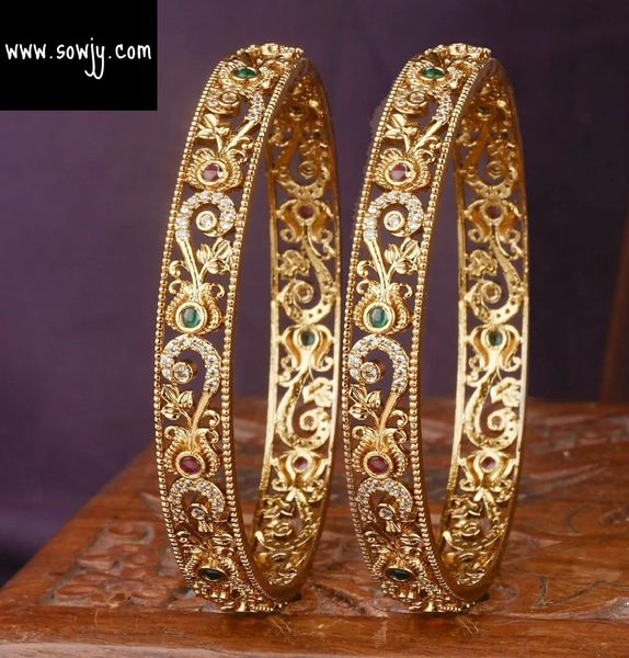 Beautiful Floral Pattern AD Stone Designer Simple and Elegant Bangles- Set of 2-Size 2.6!!!