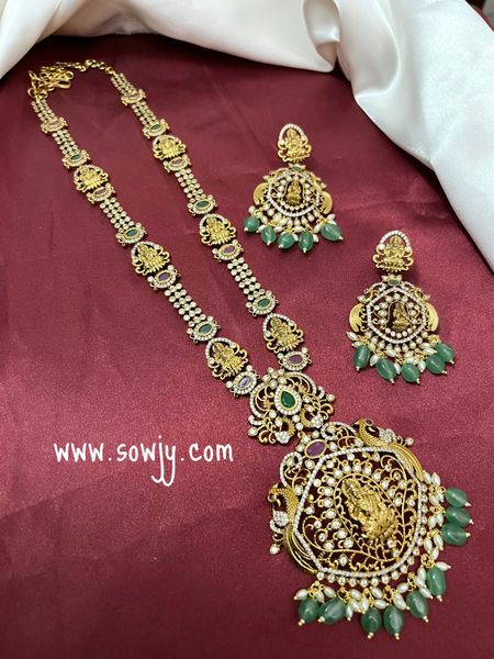 Very Big AD Stone Lakshmi Peacock Big Pendant Designer Long Haaram with Big Light Weighted Earrings!!!!