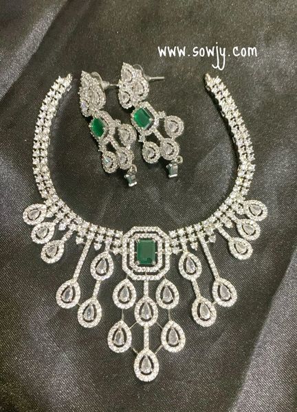 Exquisite Diamond Replica Designer necklace in Silver Finish with matching Earrings- Emerald Green!!