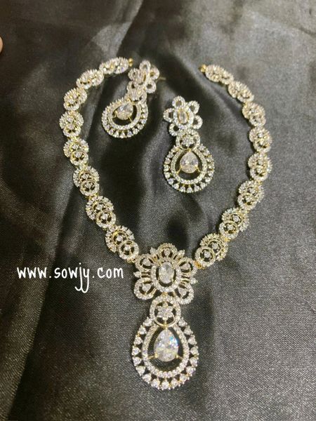 Lovely Floral Pendant Gold Finish Diamond Replica Designer necklace Set with Earrings- Full White Stones!!!