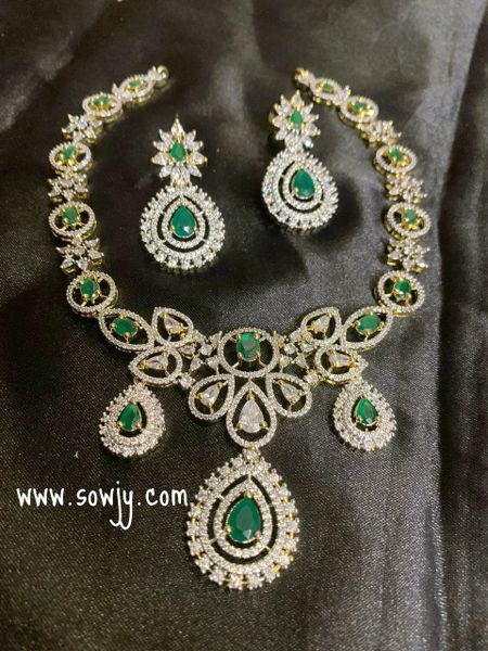 Lovely Diamond Look Alike Gold Finish Designer Floral Pattern Necklace Set with Earrings- GREEN!!!