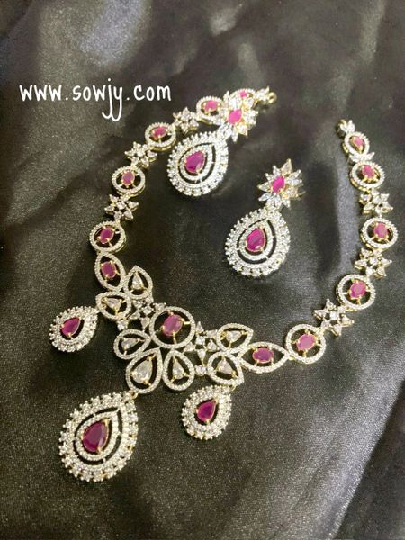 Lovely Diamond Look Alike Gold Finish Designer Floral Pattern Necklace Set with Earrings- RED!!!