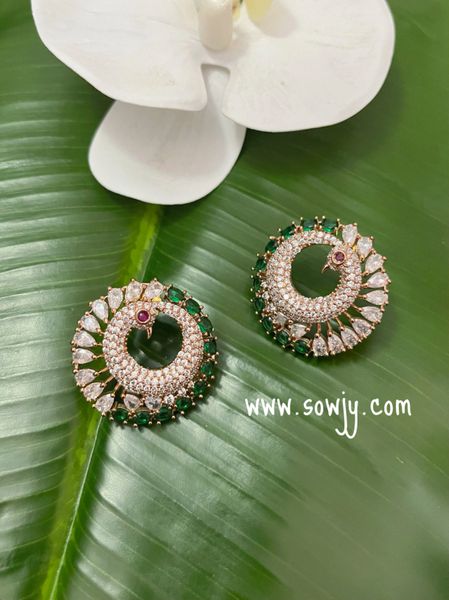 Lovely Peacock Designer AD Stone Party Wear Big Size Earrings in Rose Gold Finish- GREEN!!!!