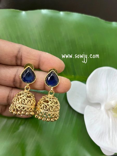 Lovely Medium Sized Jhumkas- Daily Wear Jhumkas- Navy Blue Stone!!!