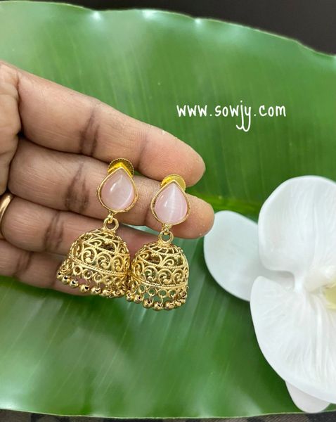 Lovely Medium Sized Jhumkas- Daily Wear Jhumkas- Pastel Pink Stone!!!