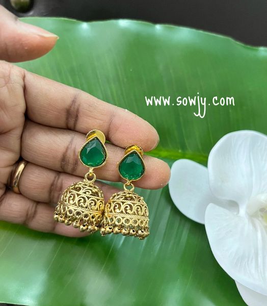 Lovely Medium Sized Jhumkas- Daily Wear Jhumkas-Green Stone!!!