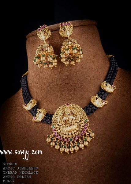 Very Grand Nakshi Design Big Size Lakshmi Kemp Stone Pendant in Black Thread Necklace with Big Size Light Weighted Jhumkas!!!