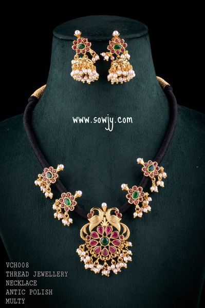 Lovely Peacock Pendant Floral Design Black Thread kemp Stone Necklace with Medium Size Jhumkas!!!