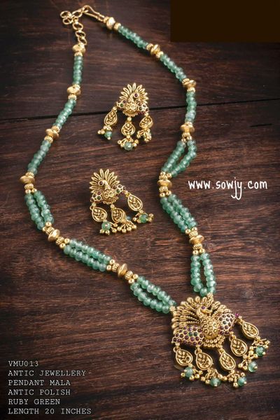 Lovely Peacock Gold Finish Embossed Pattern pendant in Two Layer of Agate Beads Designer Maala with Earrings- Mint Green!!!