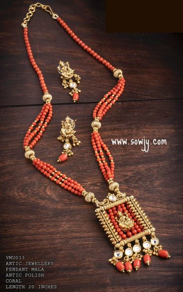 Beautiful Lakshmi Designer Pendant in Layers of Coral Beads Long Maala with Earrings!!!