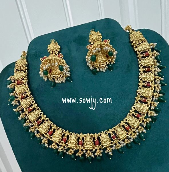 Premium Quality Jadau Kundan Lakshmi Grand Necklace with Big Size Jhumkas with Coral Beads !!!