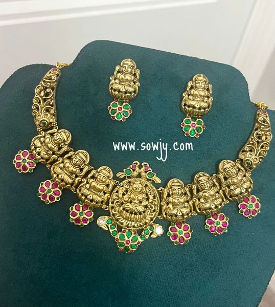 Lovely Lakshmi Nakshi Design Jadau Kundan Hasli Necklace with Earrings-Ruby and Emerald !!!!