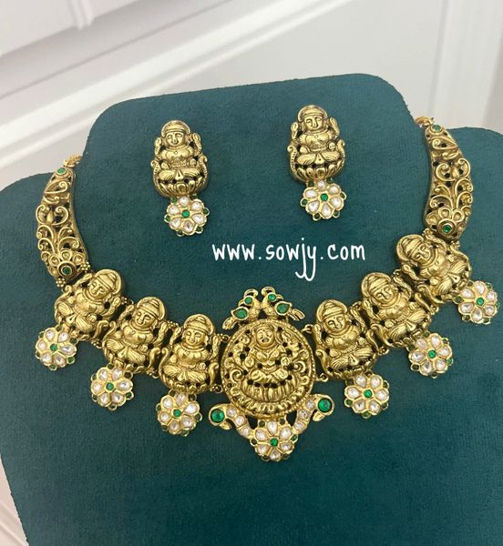 Lovely Lakshmi Nakshi Design Jadau Kundan Hasli Necklace with Earrings-White and Emerald !!!!