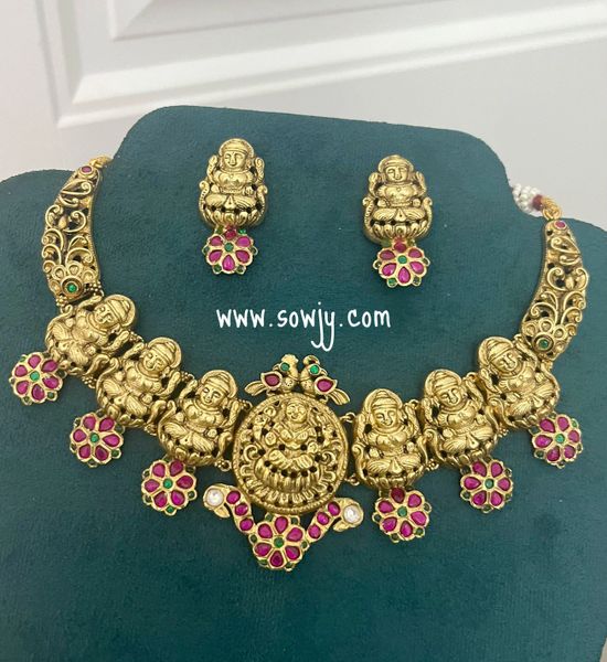 Lovely Lakshmi Nakshi Design Jadau Kundan Hasli Necklace with Earrings-Ruby !!!!