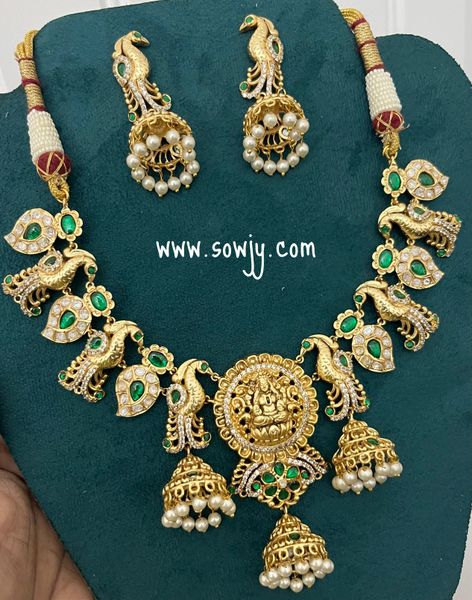 Very Grand Statement Set Lakshmi Peacock Jhumka Pendant Jadau Kundan Necklace Set with Matching Jhumkas!!!!