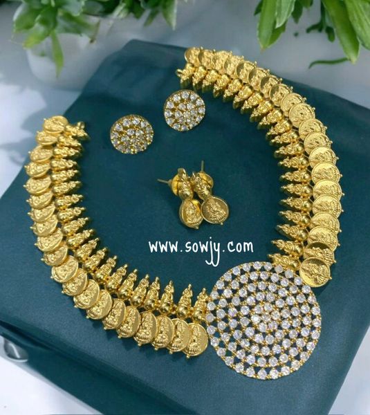 Big AD Stone Round Pendant in Designer Lakshmi Coin Necklace with Two Pairs of Earrings!!!