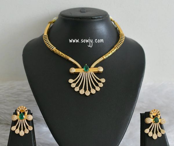 AD Stone Diamond replica Gold Finish Necklace with Lovely Earrings-GREEN!!!!