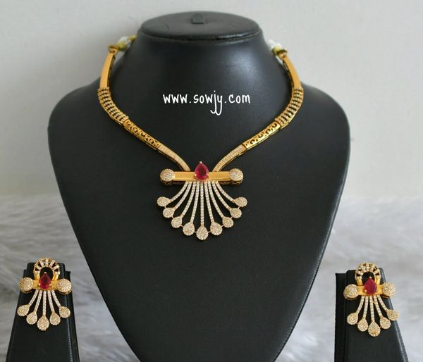 AD Stone Diamond replica Gold Finish Necklace with Lovely Earrings-RED!!!!