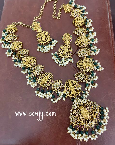 Grand Dhashavatharm Mid-Length Long Haaram with Light Weighted Earrings in Gold Finish!!!