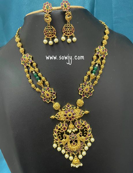 Lovely Designer Peacock Pendant in Designer Three Layer Short Haaram with Earrings!!!