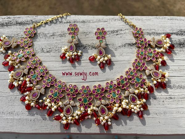 Very Grand and Big Size Guttapusalu Pattern Jadau Replica Real Kemp Stone Necklace with Earrings-RED!!!