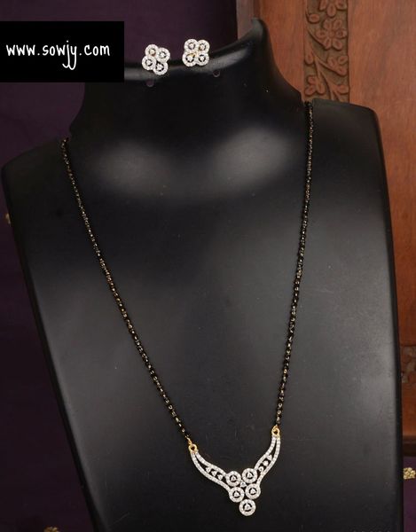 Lovely Diamond Look Alike Pendant in Single Line Black Beads Chain with Earrings-Design1!!!!