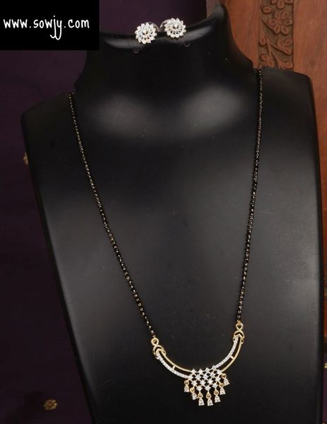 Lovely Diamond Look Alike Pendant in Single Line Black Beads Chain with Earrings-Design2!!!!