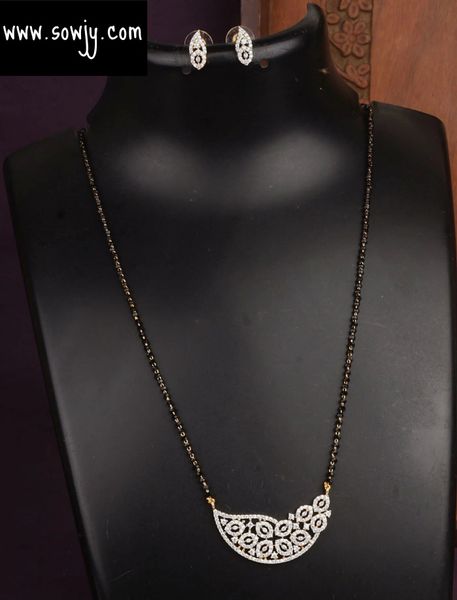 Lovely Diamond Look Alike Pendant in Single Line Black Beads Chain with Earrings-Design3!!!!